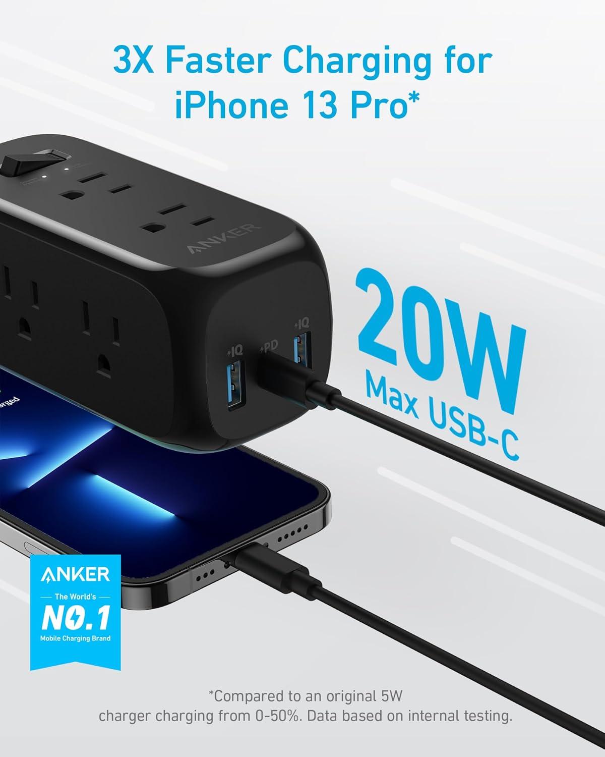 332 USB C Power Strip Surge Protector(300J),5ft Extension Cord,6 Outlets and 20W Power Delivery for iPhone 15/15 Plus/15 Pro/15 Pro Max, 3-Side Outlet Extender, for Home,Office,TUV Listed(Black)