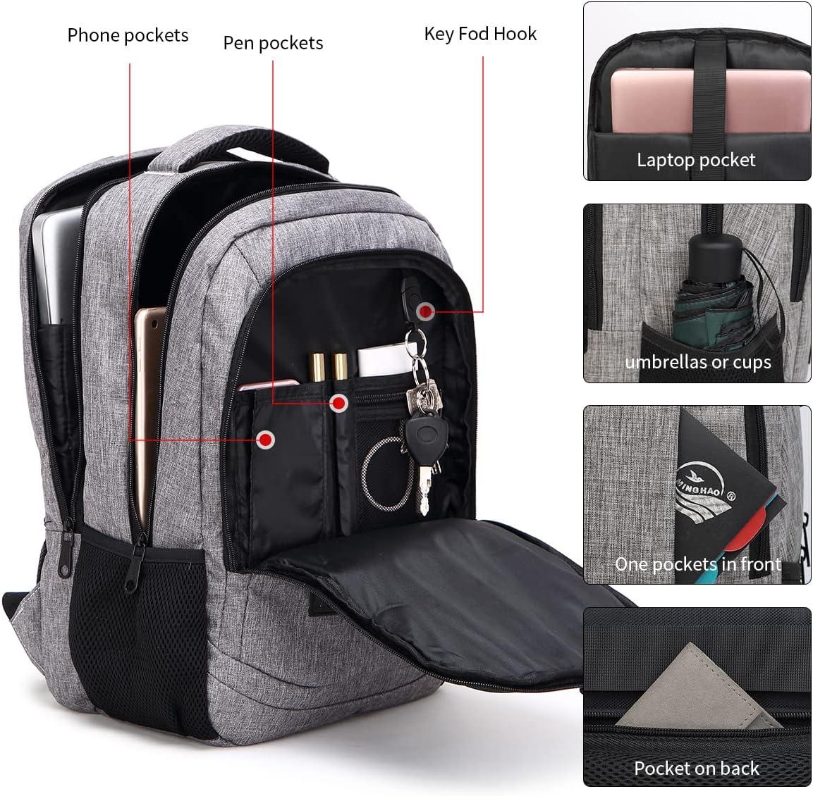 Gray Nylon Anti-Theft Travel Laptop Backpack with USB Port, 15.6 Inches