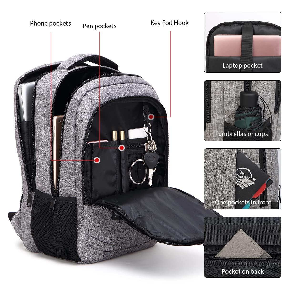 Gray Nylon Anti-Theft Travel Laptop Backpack with USB Port, 15.6 Inches