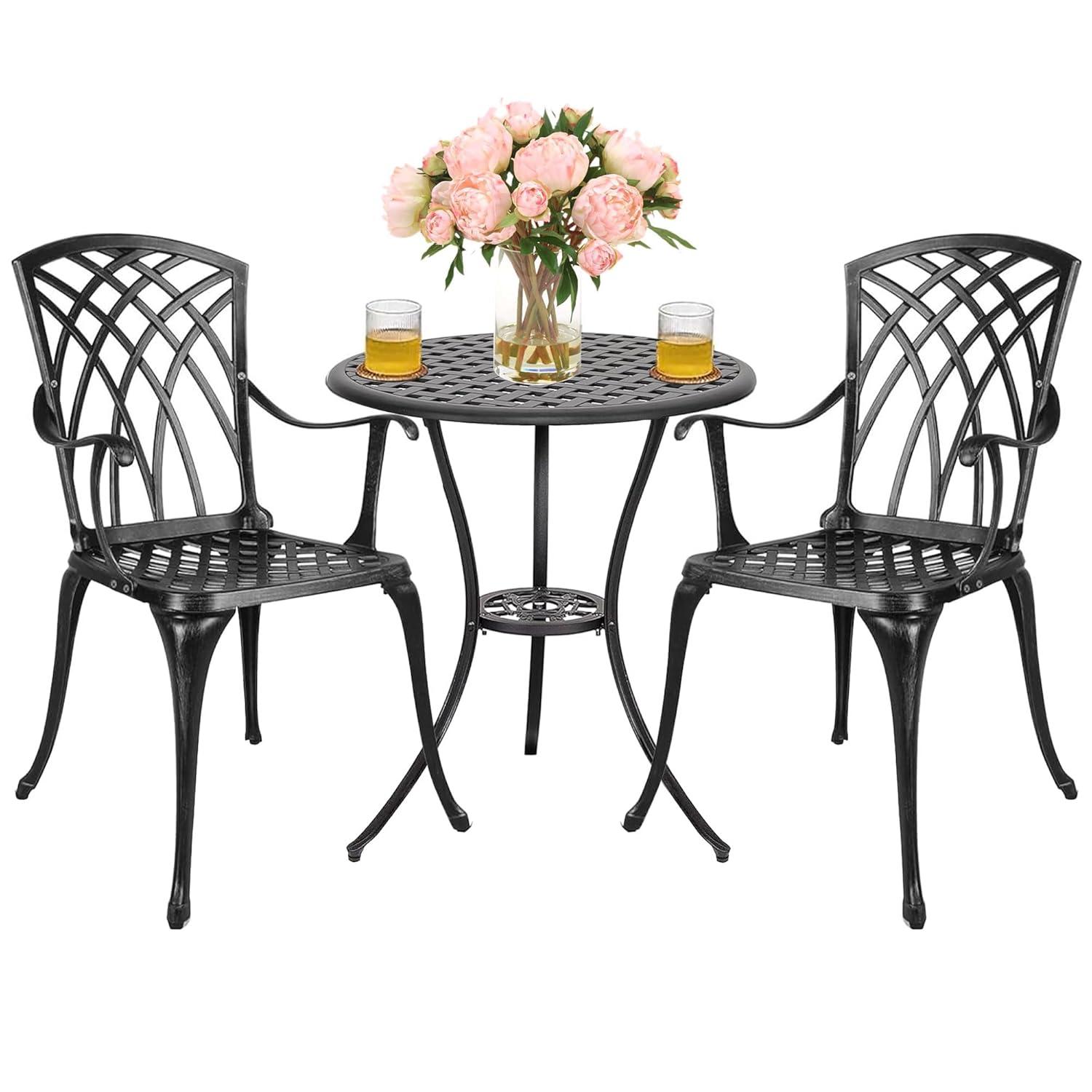 Polar Aurora 3 Piece Cast Aluminum Patio Bistro Set Table Outdoor Round Dining Armchair with Umbrella Hole for Porch, Lawn, Garden, Backyard, Pool, Black