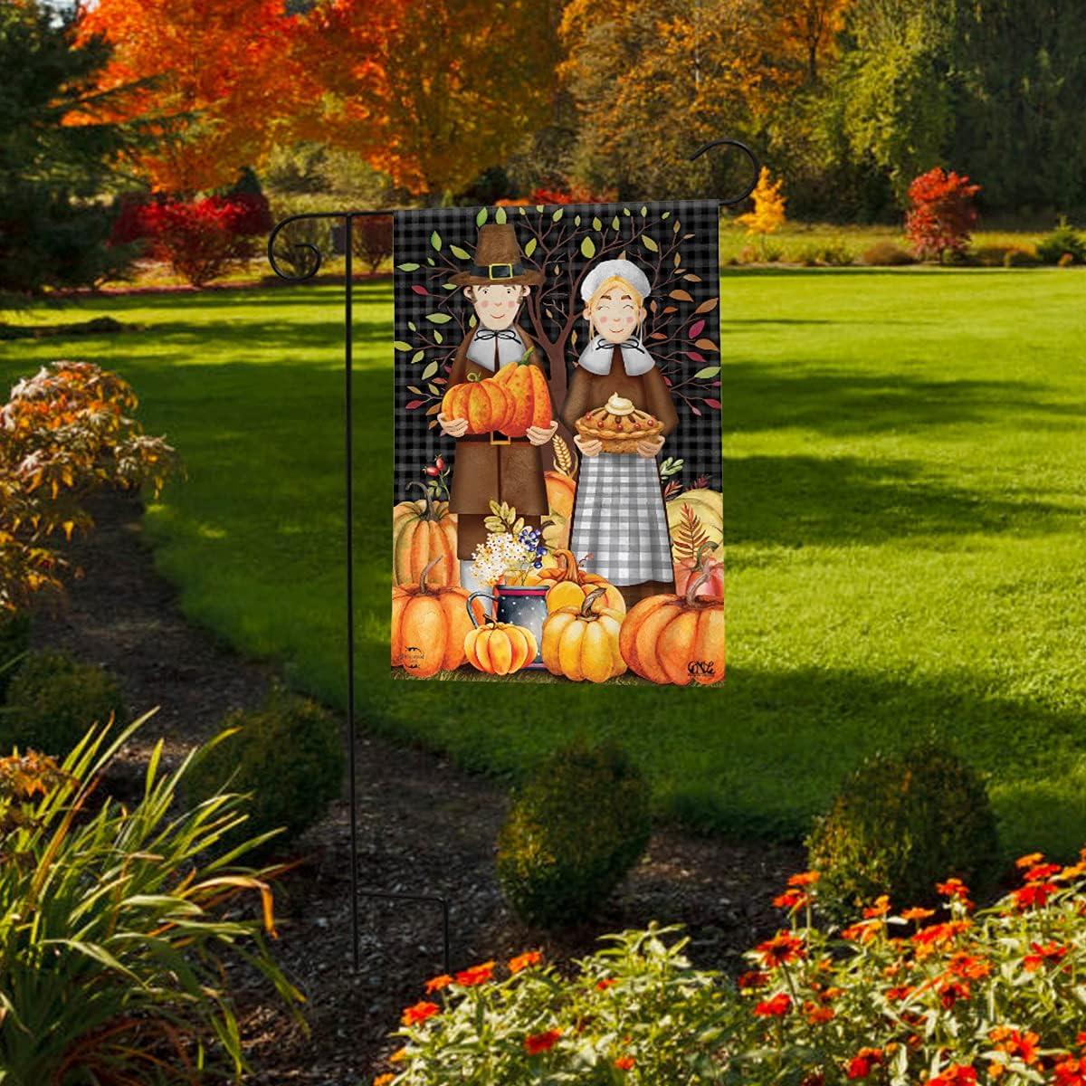 Pilgrims Thanksgiving Garden Flag Pumpkins Pie 18" x 12.5" Briarwood Lane