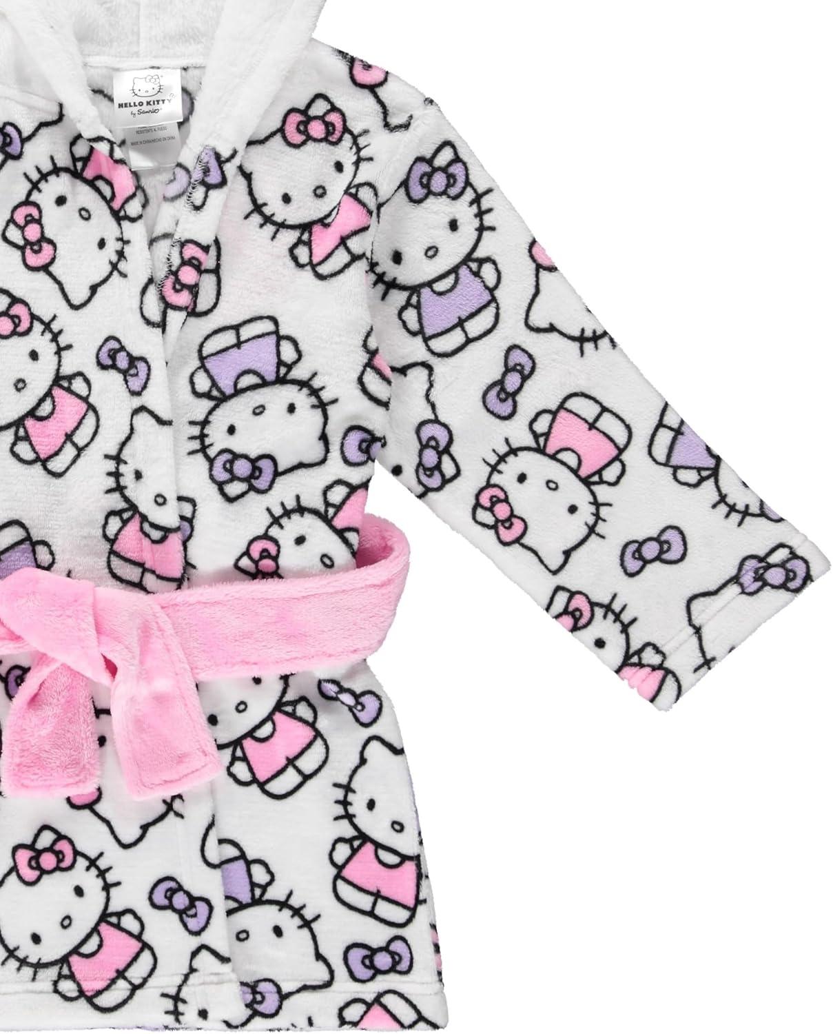 Hello Kitty Girls Fleece Kids Hooded Robe - Super Soft Plush Kids Spa Bathrobe with Pockets, Sizes 4-10 - Official Product