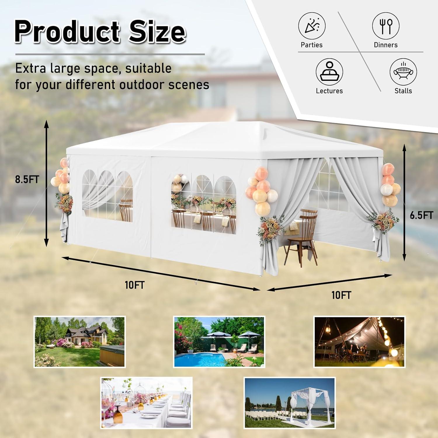 10'x20' Outdoor Party Tent with 6 Removable Sidewalls, Waterproof Canopy Patio Wedding Gazebo, White