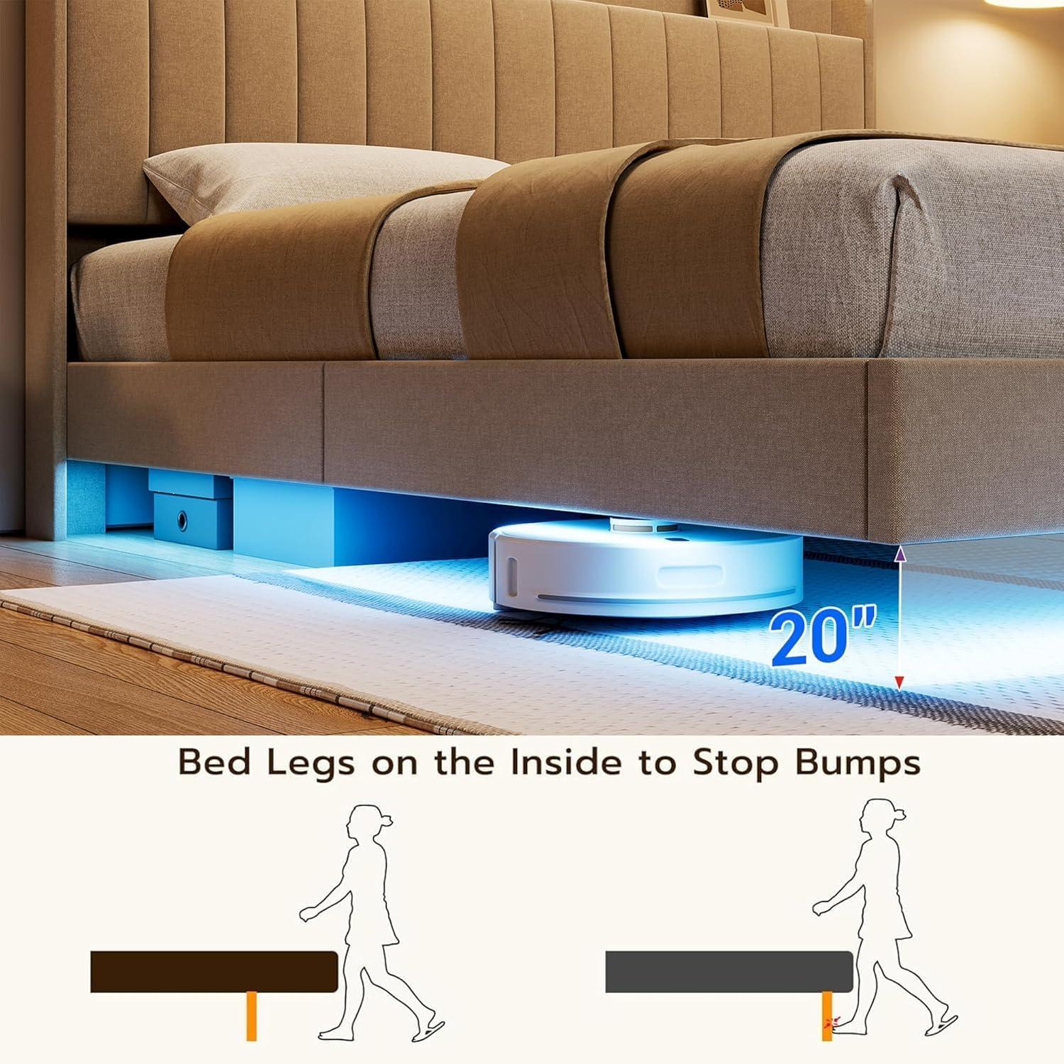 GarveeHome Queen Floating Bed Frame with Charging Station & Storage Headboard, Upholstered Platform Full Size Bed Frame with LED Lights, Solid Wood Slats, Beige
