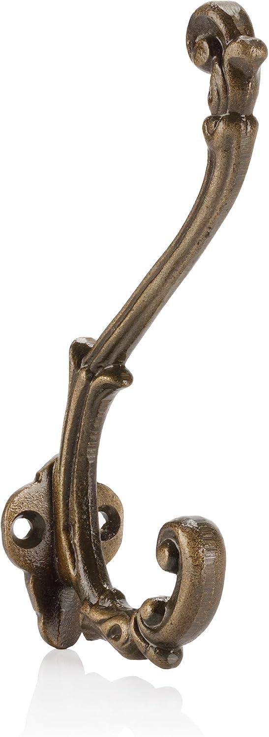 CRAFTSMAN ROAD Vintage Cast Iron Wall Hooks (Antique Brass Finish, Set of 4) - Rustic, Farmhouse, French Country Coat Hooks | Great for Coats, Bags, Towels, Hats | French Slender