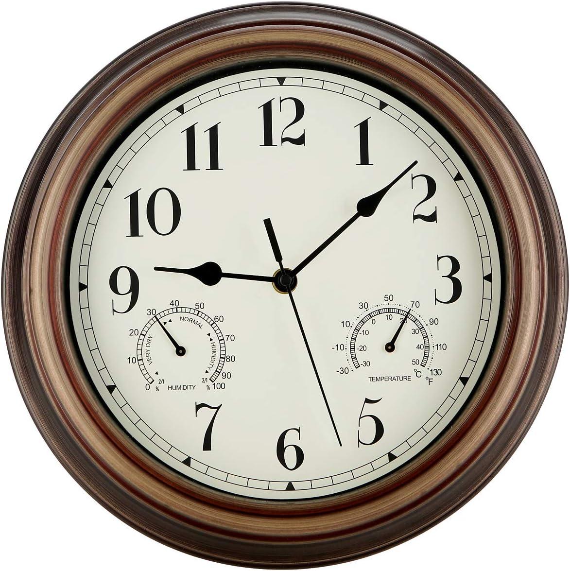 12 Inch Brown Indoor Outdoor Wall Clock with Thermometer and Hygrometer