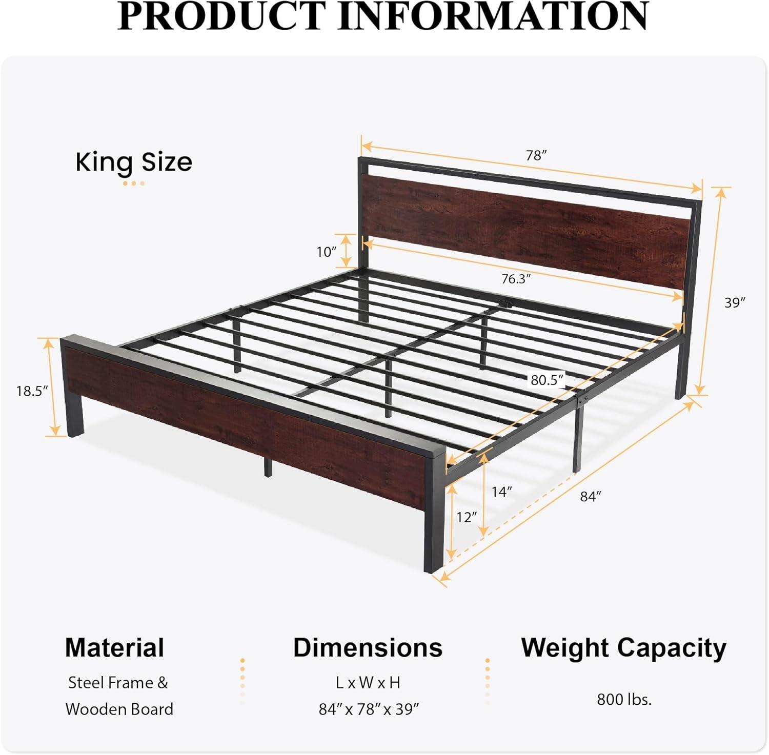 King Size Mahogany and Black Metal Platform Bed with Wood Headboard