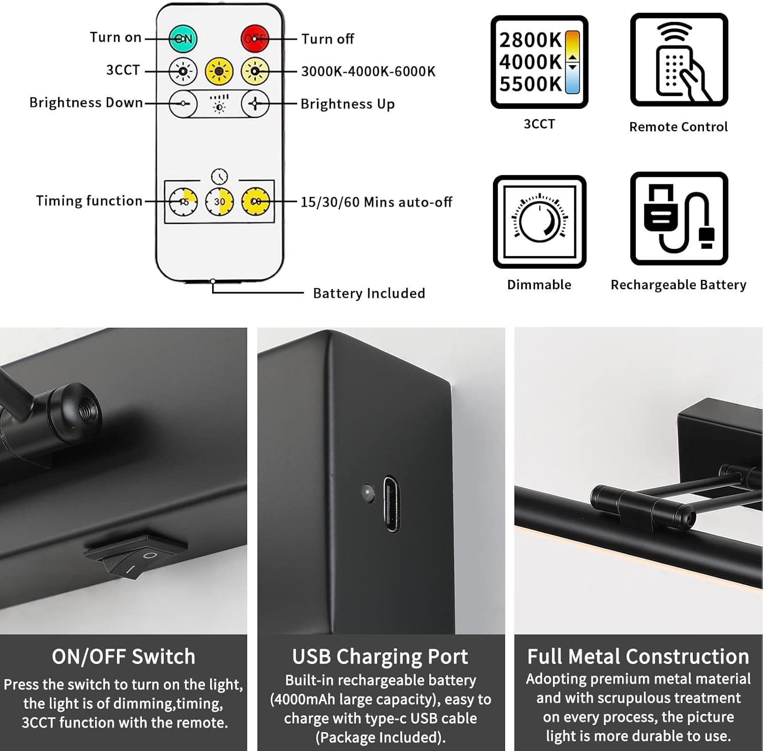 JUSHENG Dimmable Black Picture Light Battery Operated 16'' Inch, Rechargeable Gallery Light with Swing Arm and Timer Function, Full Metal Wireless Painting Lights for Display, Artwork, Canvas