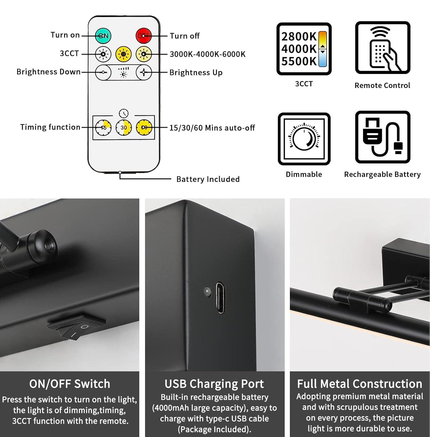 JUSHENG Dimmable Black Picture Light Battery Operated 16'' Inch, Rechargeable Gallery Light with Swing Arm and Timer Function, Full Metal Wireless Painting Lights for Display, Artwork, Canvas