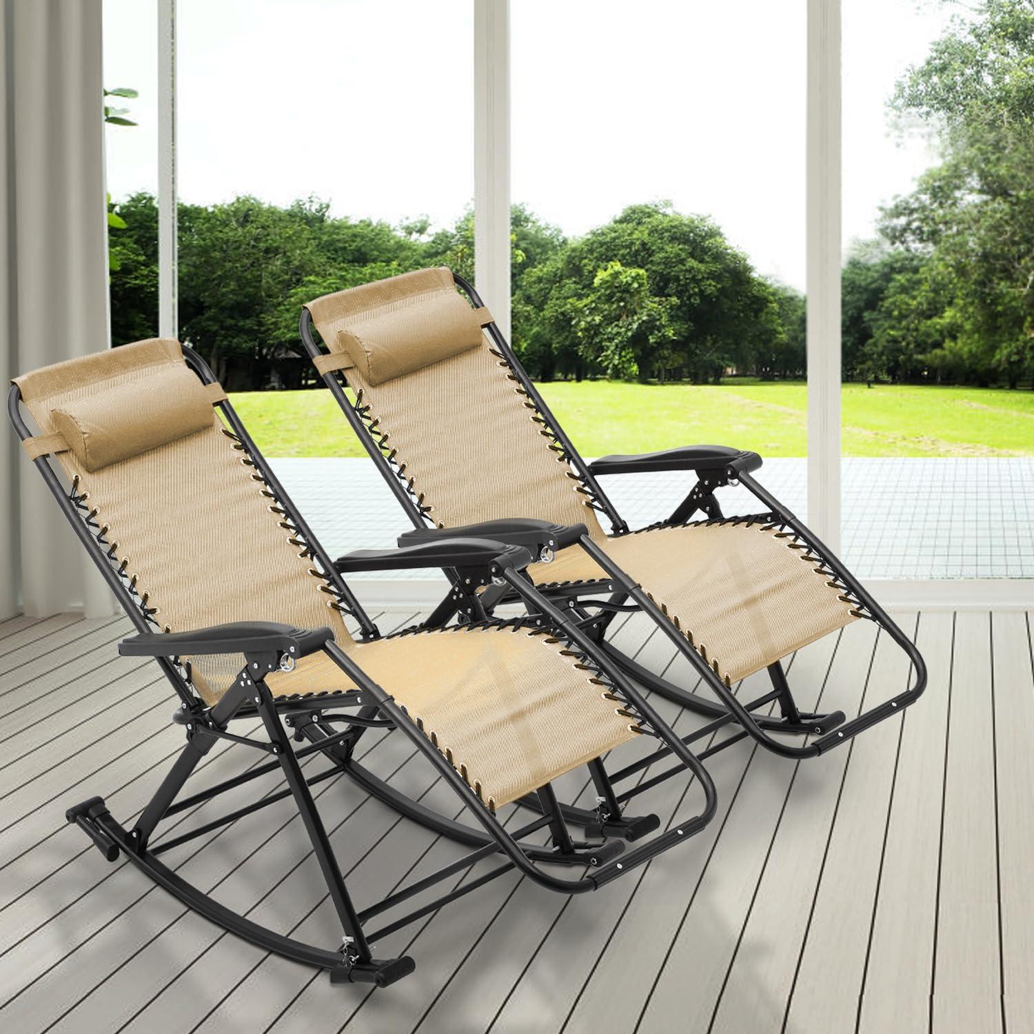 Magshion Set of 2 Zero Gravity Lounge Chairs, Adjustable Rocking Chairs with Pillow, Outdoor Beach Portable Foldable Recliner, Folding Lounge Rocker, Black