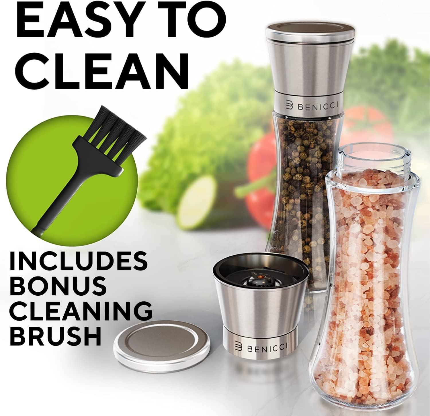 Beautiful Stainless Steel Salt & Pepper Grinders Refillable Set - Two 7 oz Salt / Spice Shakers with Adjustable Coarse Mills - Easy Clean Ceramic Grinders with BONUS Silicone Funnel and Cleaning Brush