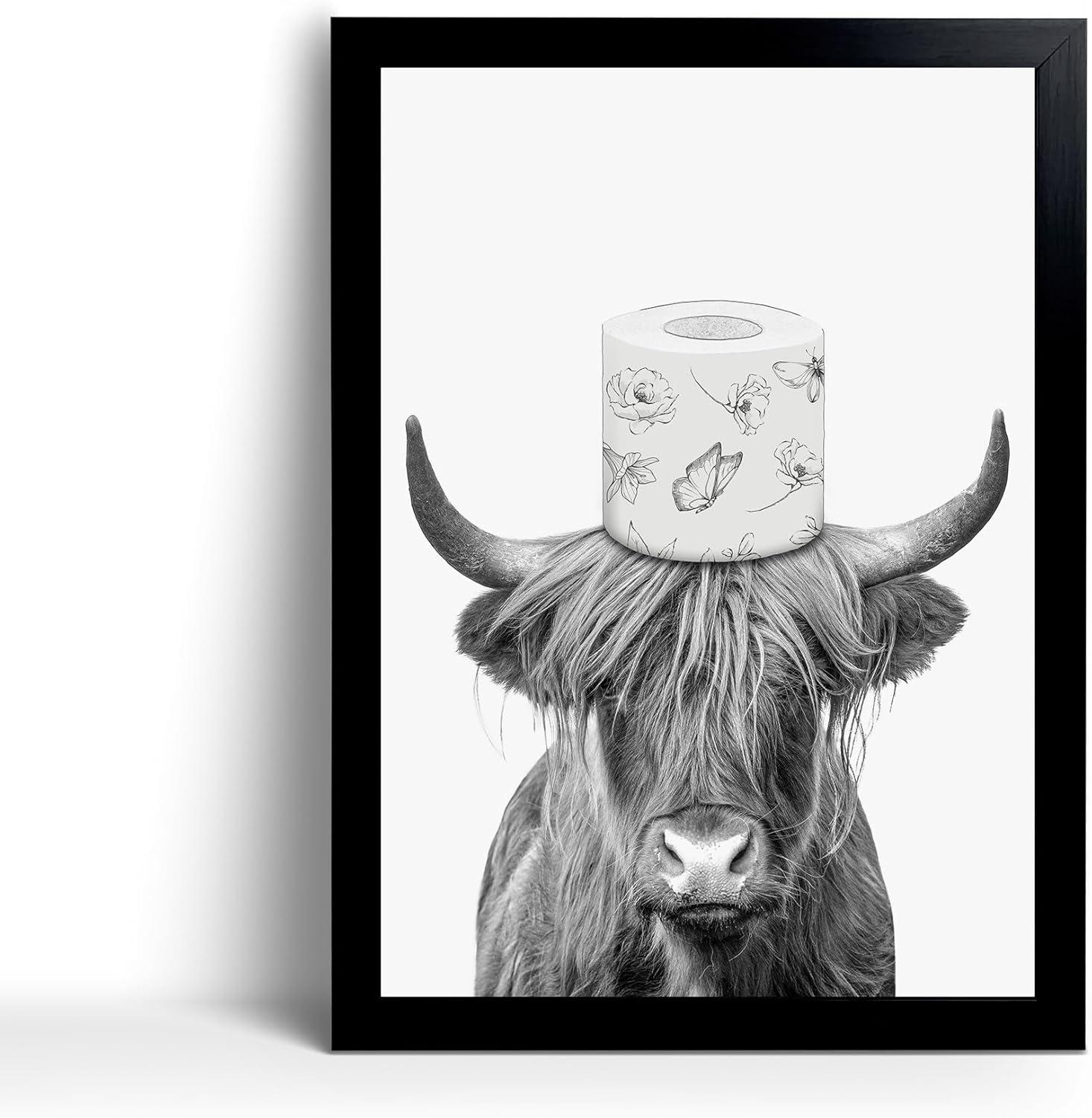 Black Framed Bathroom Decor - Funny Highland Cow Wall Art in Bathtub, Black and White Canvas Cow In Bathroom Picture, Humor Animals Artwork Prints, Rustic Farmhouse Style Wall Decor Ready To Hang for Living Room, Bathroom, Bedroom, Kids Bathroom
