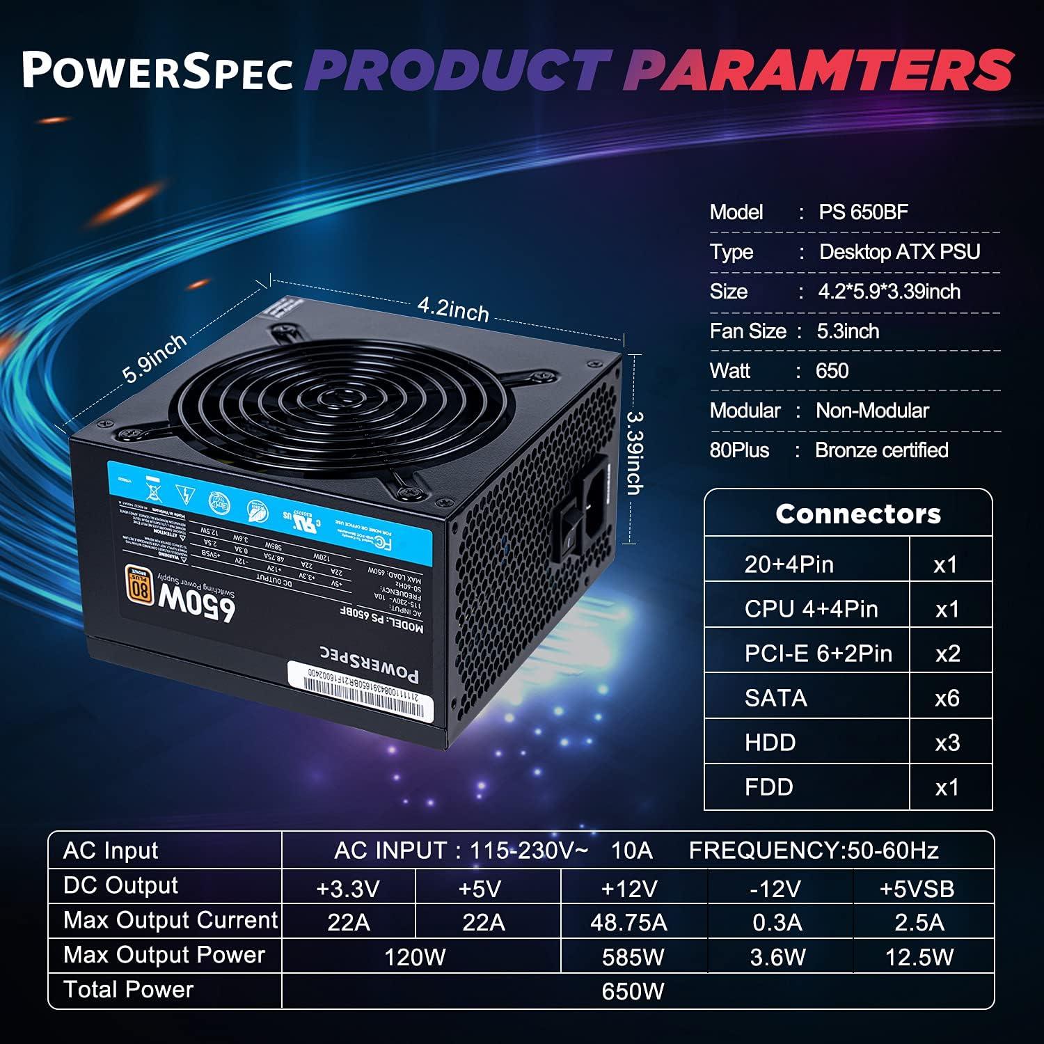 PowerSpec 650W Power Supply Semi Modular 80 Plus Bronze Certified ATX PSU Active PFC SLI Crossfire Ready Gaming PC Computer Power Supplies, PS 650BSM(White Edition)