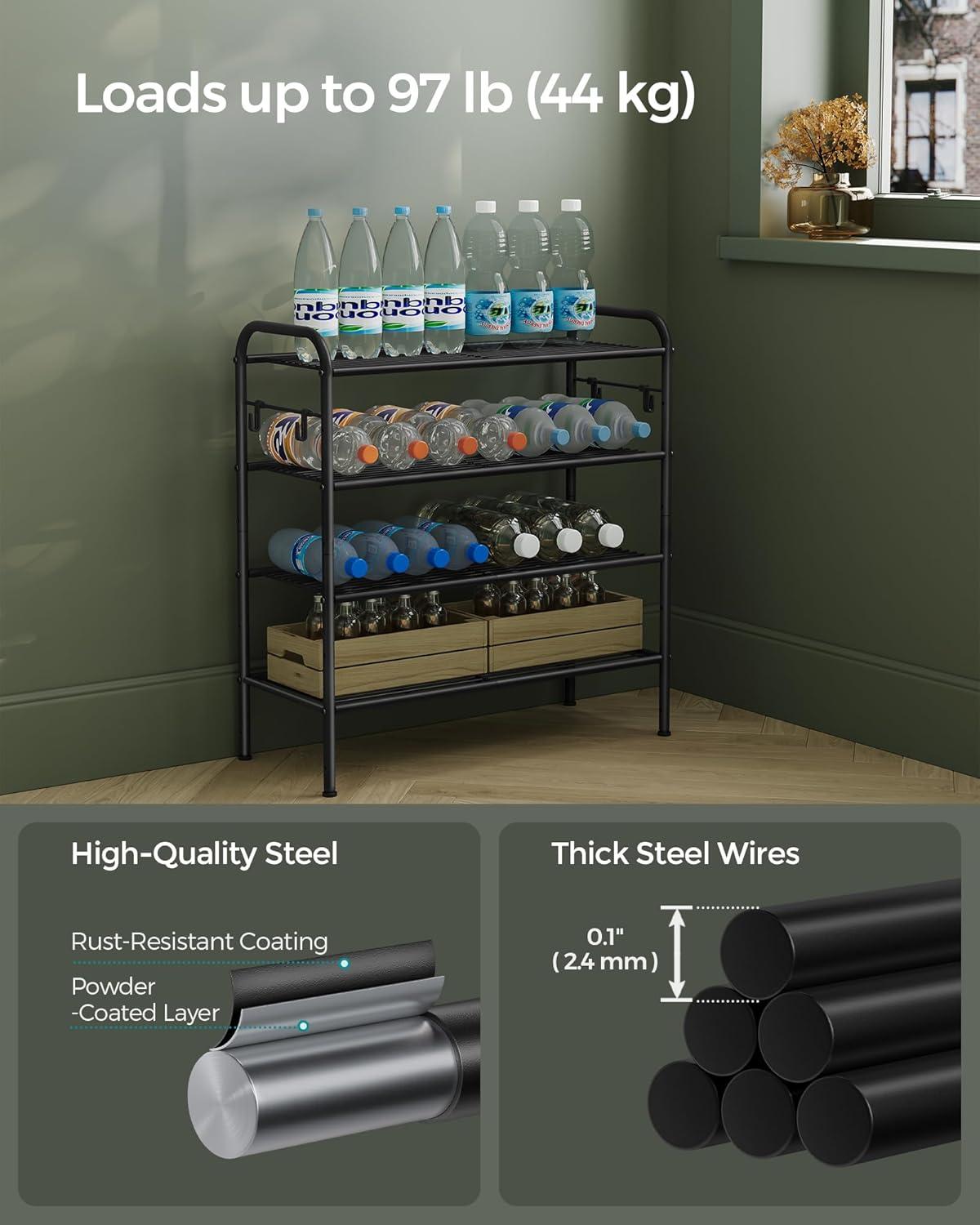 Ink Black 4-Tier Adjustable Metal Shoe Rack with Side Hooks