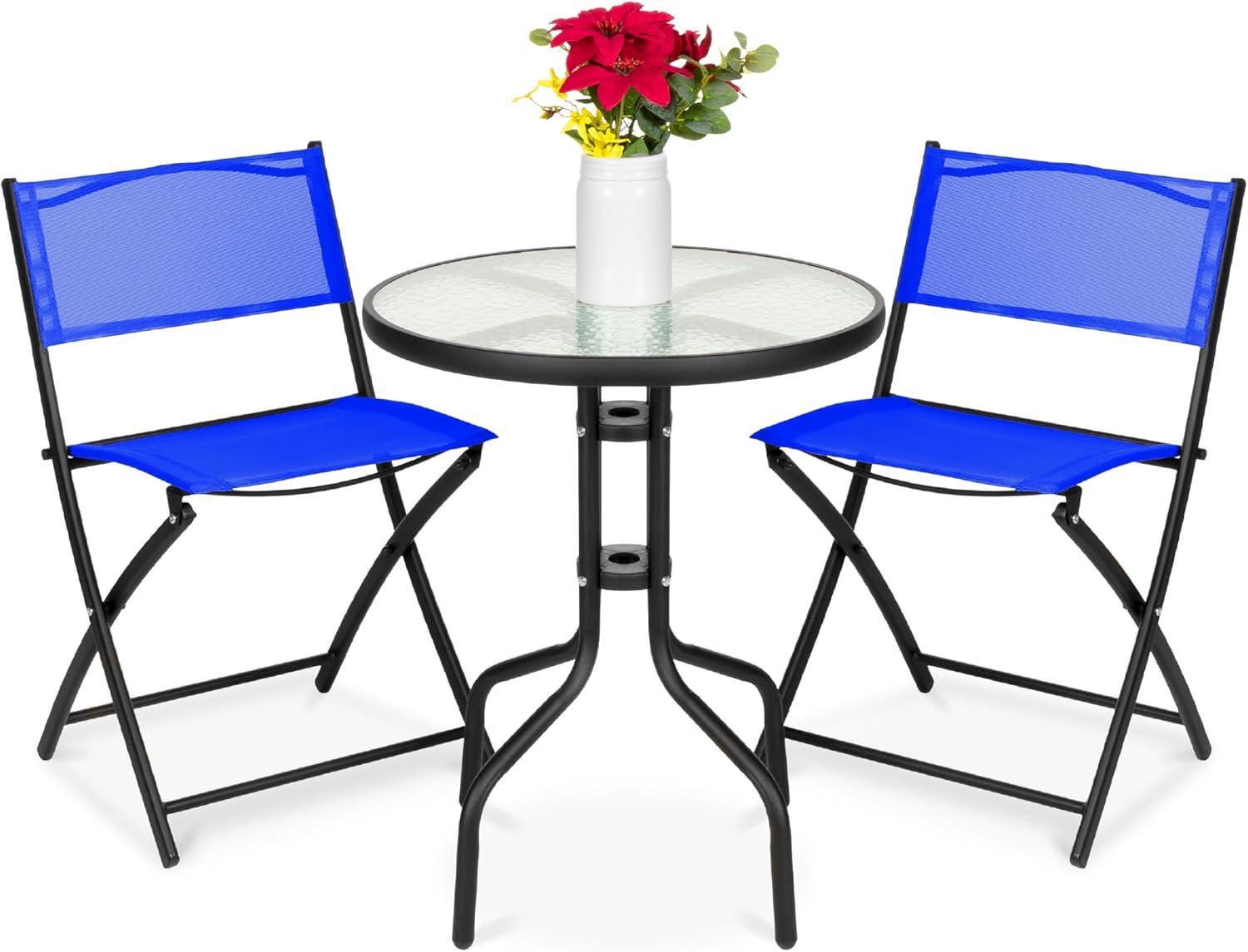 George Oliver 3-Piece Patio Bistro Dining Furniture Set W/ Glass Tabletop, Folding Chairs