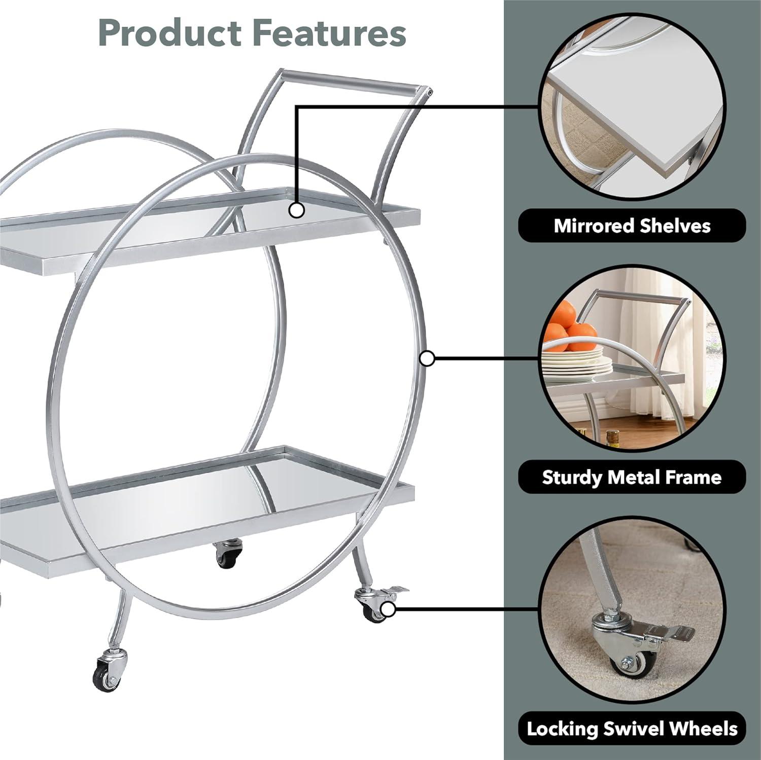 FirsTime & Co. Silver Odessa Mirrored Bar Cart, Glam, Metal, 27.5 x 14 x 33 in