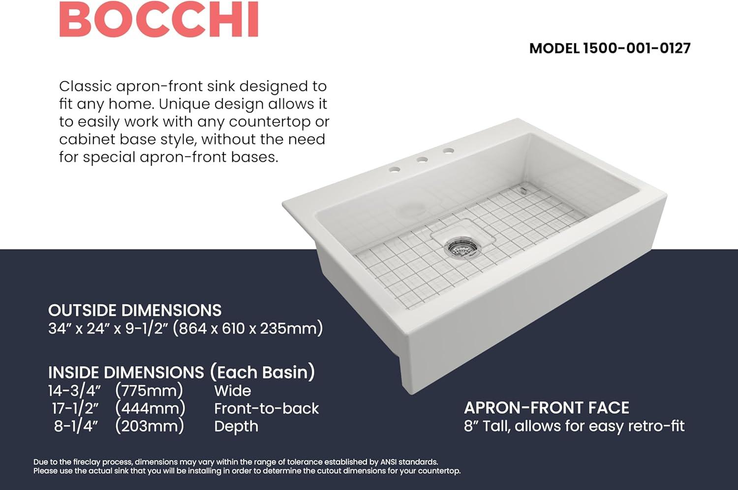 BOCCHI 1500-001-0127 Nuova Apron Drop-In Fireclay 34" Single Kitchen Sink White