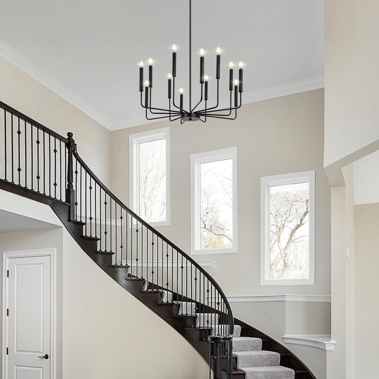 Vikaey Metal Black Chandelier, 12-Light Farmhouse Classic Candle Ceiling Hanging Light Fixture, Rustic Pendant Lighting for Kitchen Island, Dining Room, Living Room, Stair, UL Listed