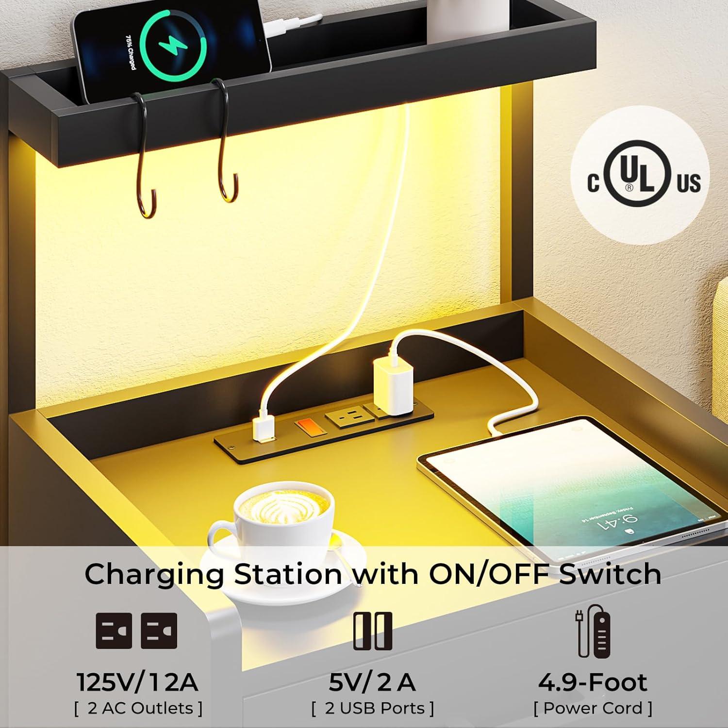 Nightstand with LED Lights and Charging Station, 2 Drawers Bedroom Night Stand, 2 USB Ports, 2 Outlets, Bed Side Table with Storage Shelves, White