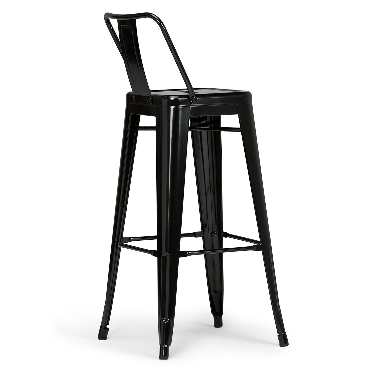 Simpli Home Rayne Metal Industrial Stool with Curved Back, Cross-Brace, and Footrest