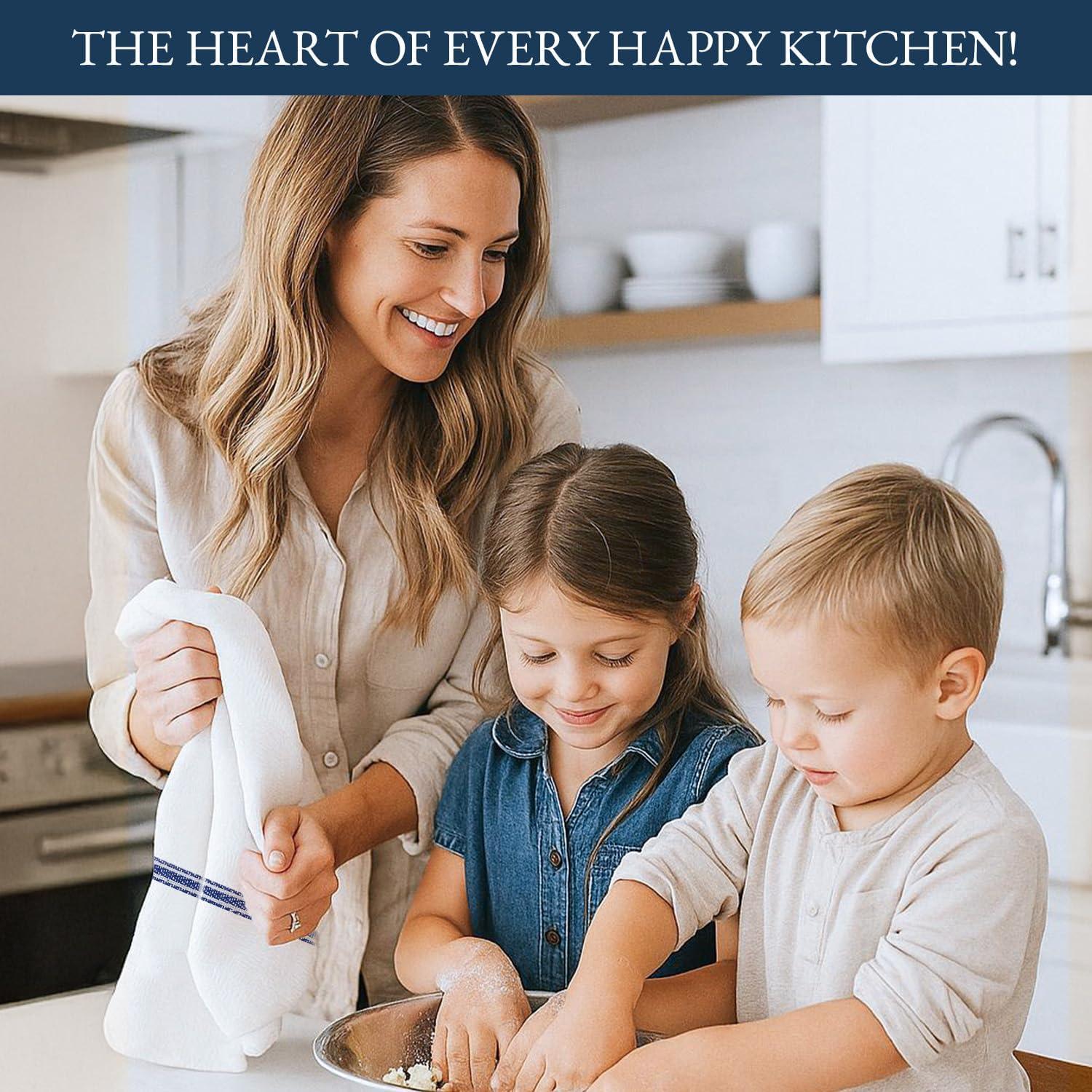 Kitchen Towels Set - 100% Pure Cotton Dish Towels for Kitchen, Super Absorbent Kitchen Hand Towel, Soft & Durable Dish Cloths, Pack of 12 – 15”x25”, Blue Stripe