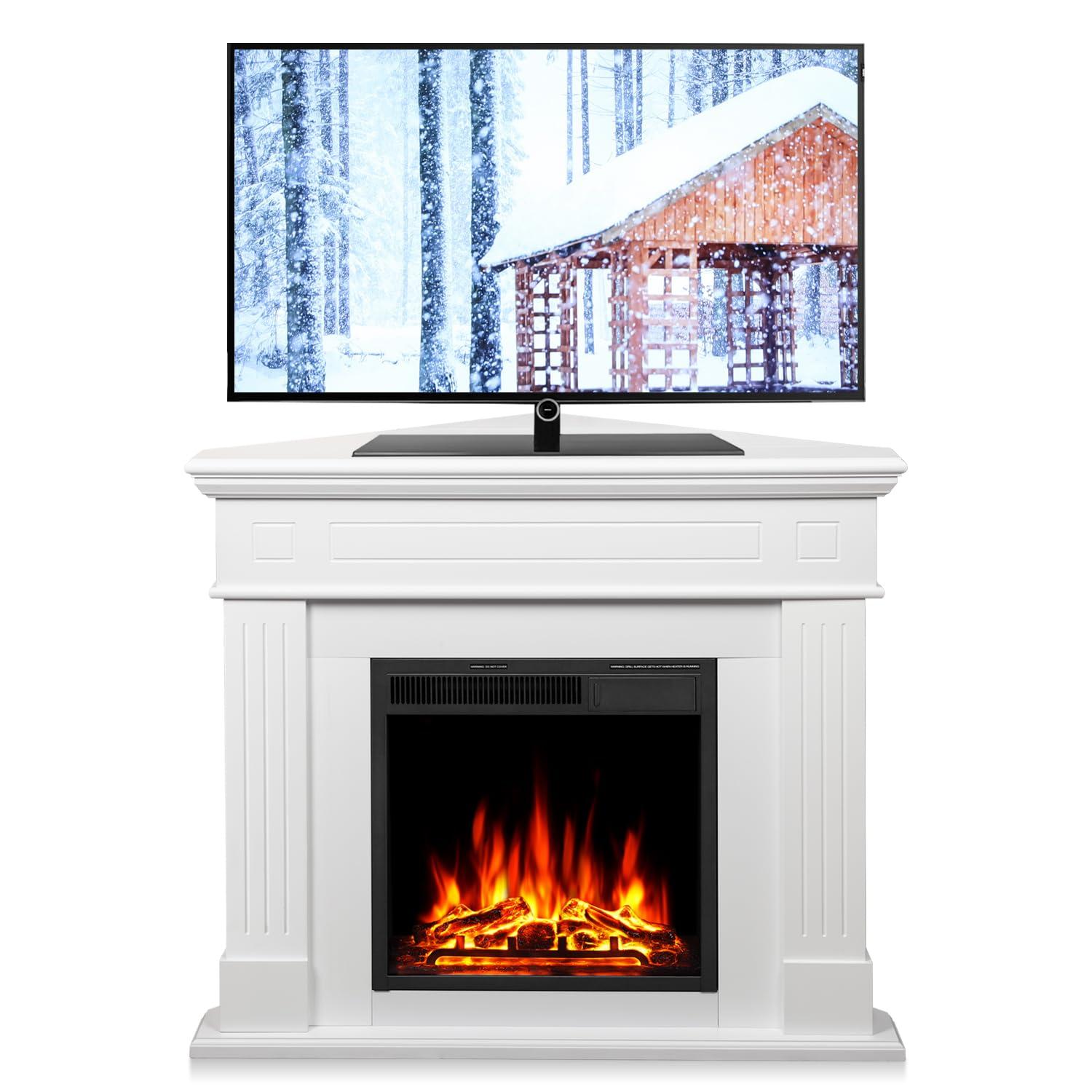R.W.FLAME 43” Electric Fireplace Mantel, Freestanding Electric Fireplace, Remote Control, Adjustable LED Flame, PEARLWHITE