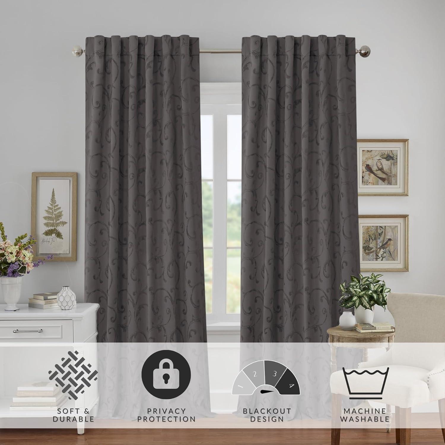 Mia Jacquard Scroll Blackout Window Curtain Panel - 52" x 84" - Gray - Elrene Home Fashions