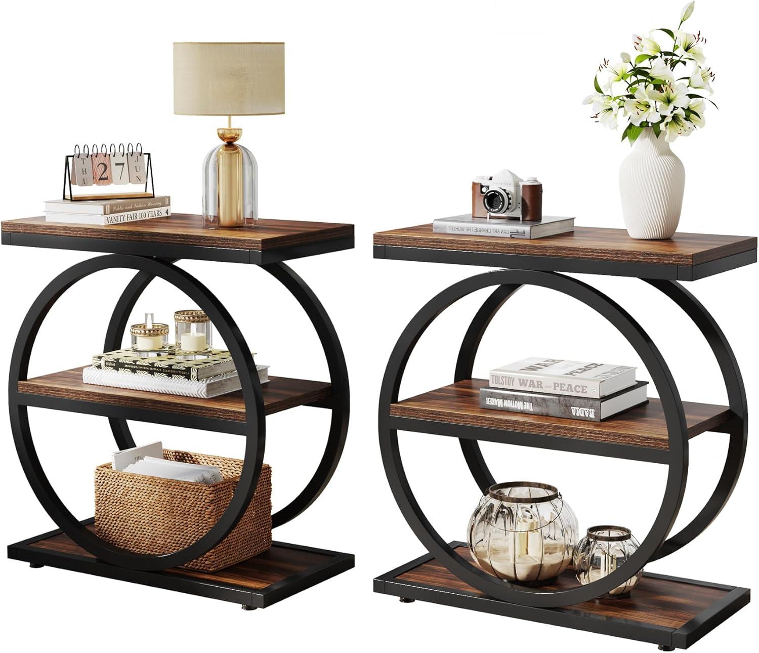 Rustic Brown and Black 3-Tier Industrial End Table Set with Metal Accents