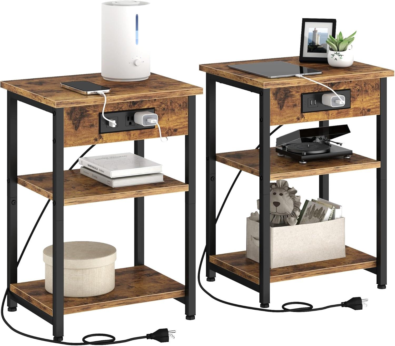 End Tables Set of 2 with Charging Station USB Ports, 3 Tier Tall Night Stand with Storage Shelves, Record Player Stand Narrow Side Table for Small Space Living Room Bedroom Office, Rustic Brown