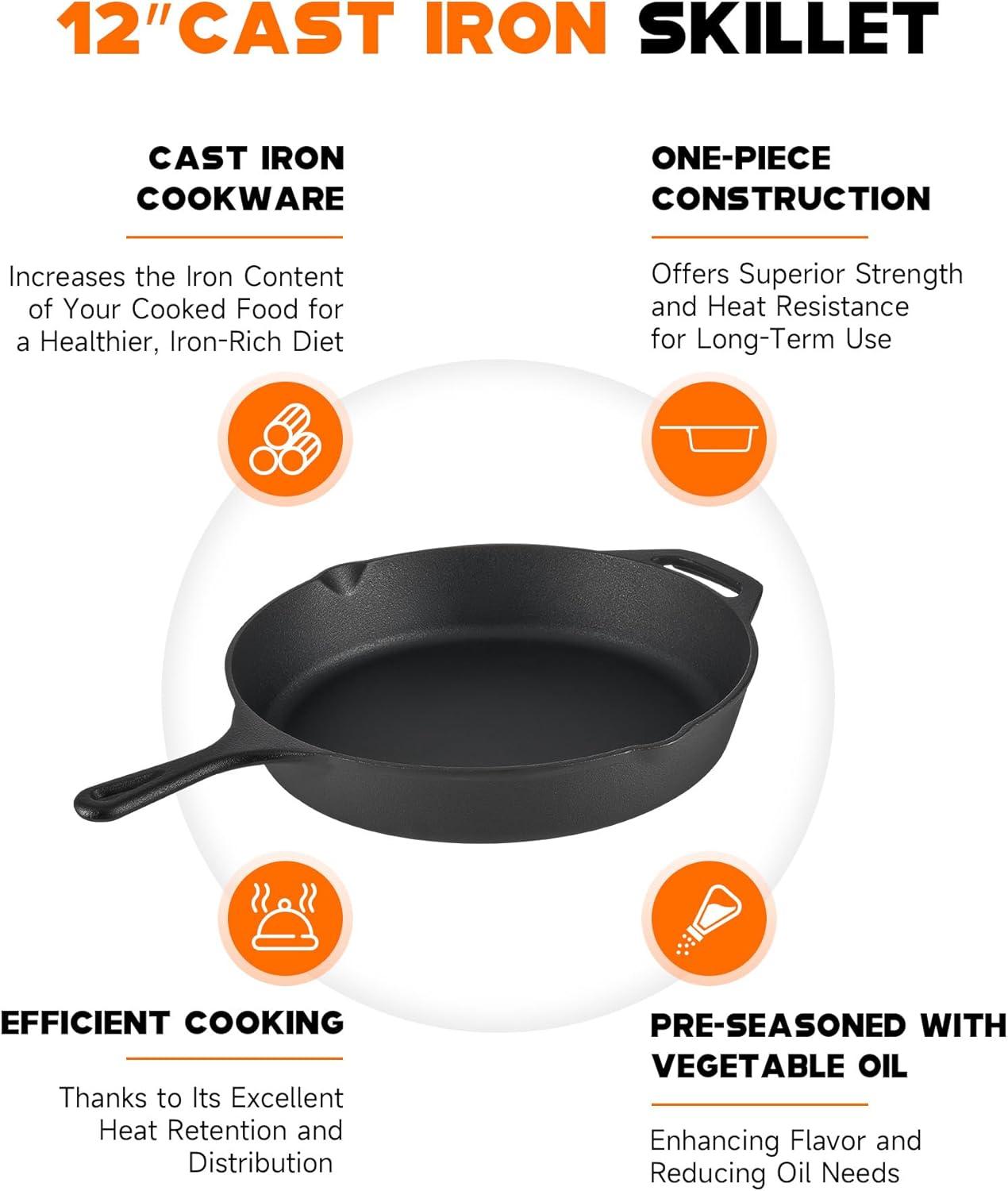 Cuisinel Cast Iron Skillet - 12"-Inch Frying Pan with Assist Handle and Pour Spots + Silicone Grip Cover