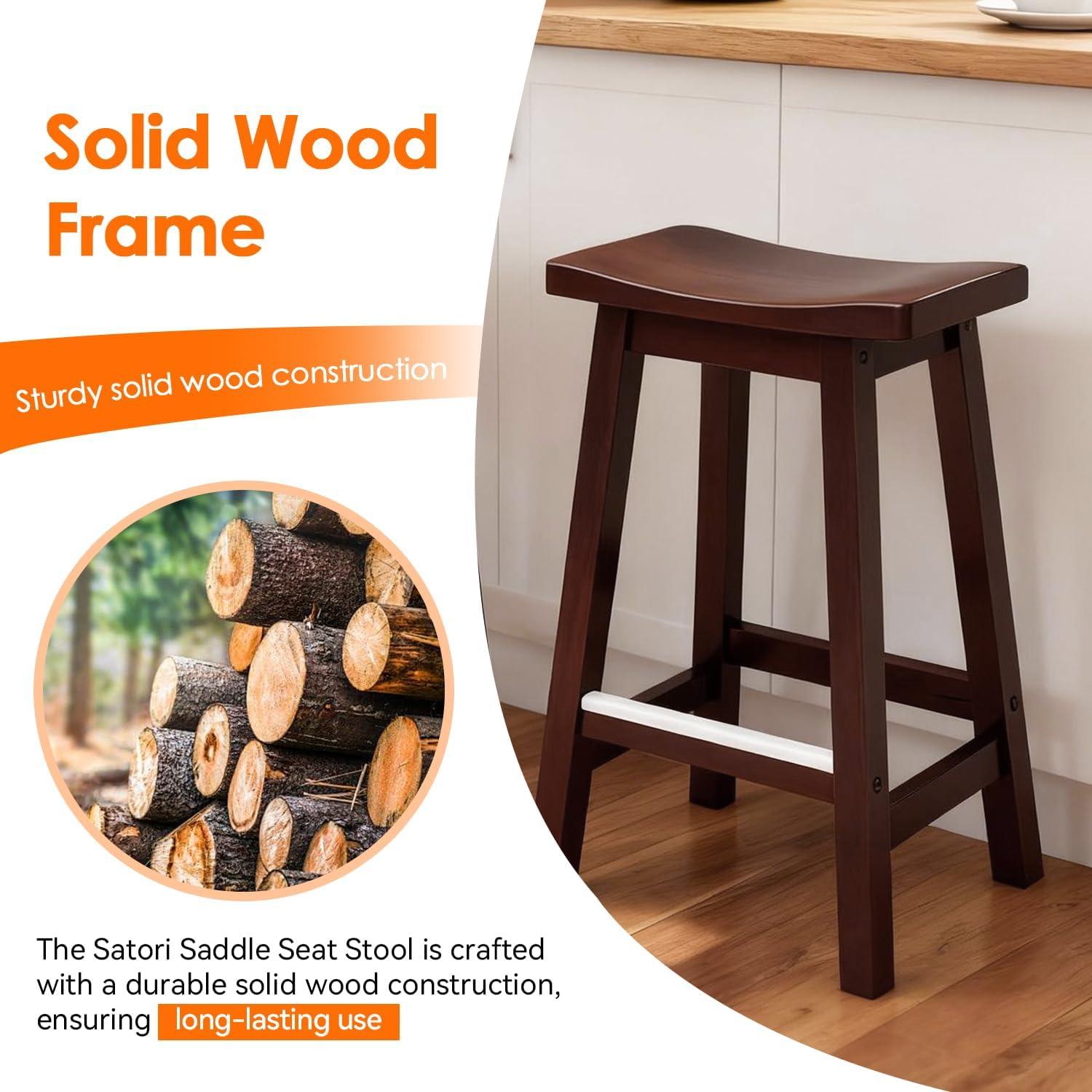 QuellQuest Bar Stools Set of 2 for Kitchen Counter Solid Wooden Saddle Stools 24-Inch/30-Inch Height (Brown, 24 in)