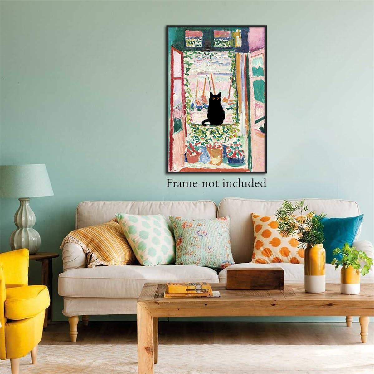 Henri Matisse Oil Paintings on Canvas Wall Art Matisse Famous Open Window Black Cat Poster Funny Cat Floral Print Colorful Farmhouse Gallery Aesthetic Room Decor for Bedroom Bathroom 12x16in Unframed