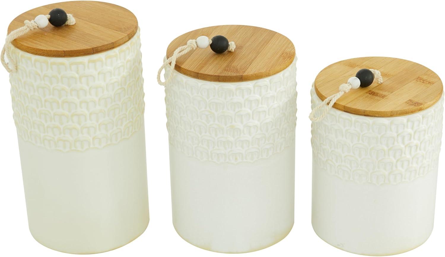 DecMode 9", 8", 7"H White Ceramic Textured Decorative Jars with Wood Lids and Beaded Accents, 3-Pieces