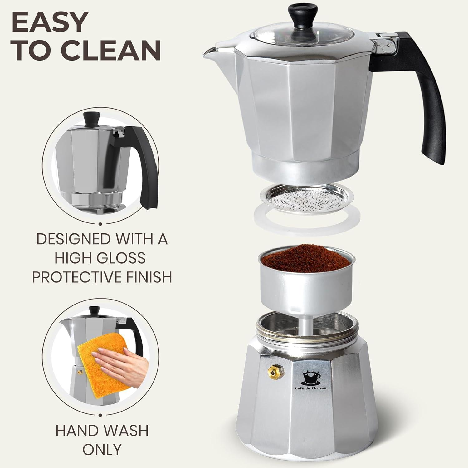 Espresso Maker by Cafe Du Chateau (313.5ml) Transparent Top Lid, High Gloss Finish, Free Coffee Clip Spoon, Coffee Percolator