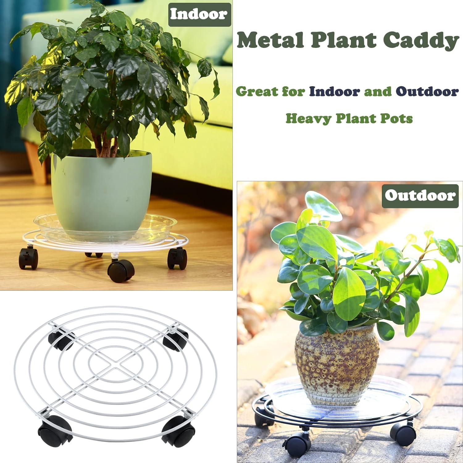 5 Packs Large Metal Plant Caddy 13.8” Plant Dolly with Wheels Heavy-Duty Wrought Iron Rolling Plant Stand with Casters for Indoor and Outdoor Plant Pot Rollers Black, Plastic Saucers Included