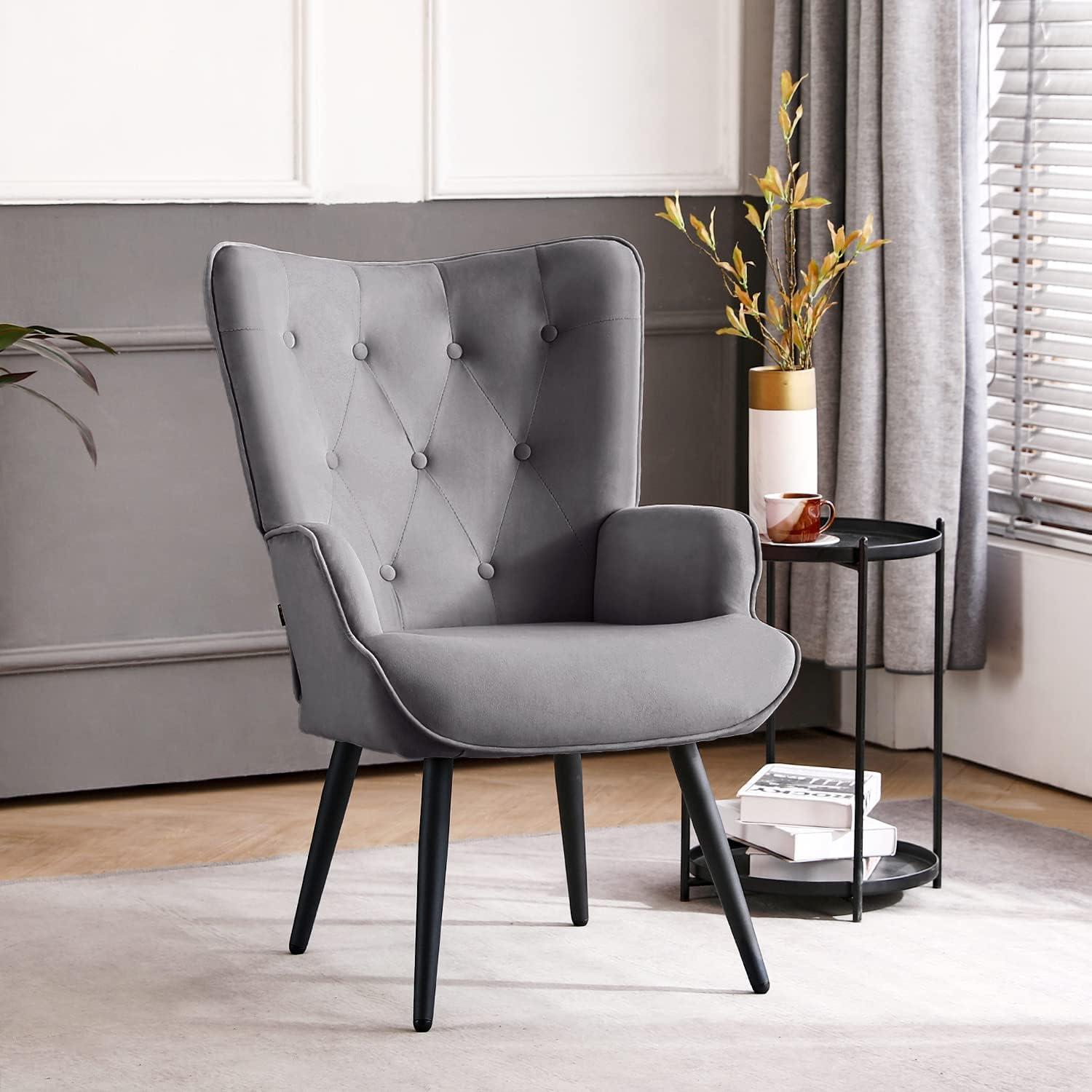 Gray Velvet Wingback Accent Chair with Metal Legs