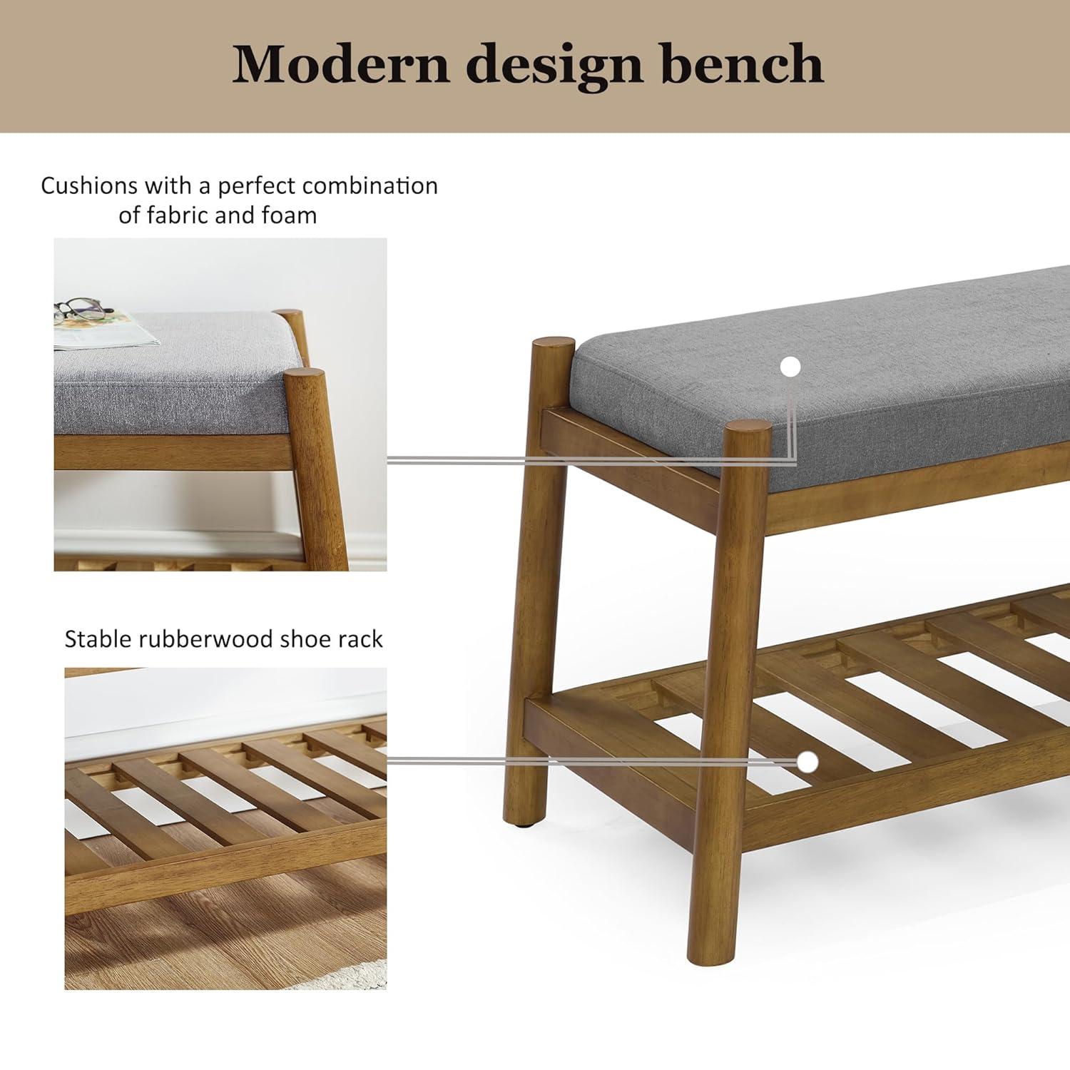 Upholstered Entryway Bench, Bedroom Bench for End of Bed, Dining Bench with Padded Seat for Kitchen, Living Room, Fabric Rubber Wood Indoor Bench (Beige)