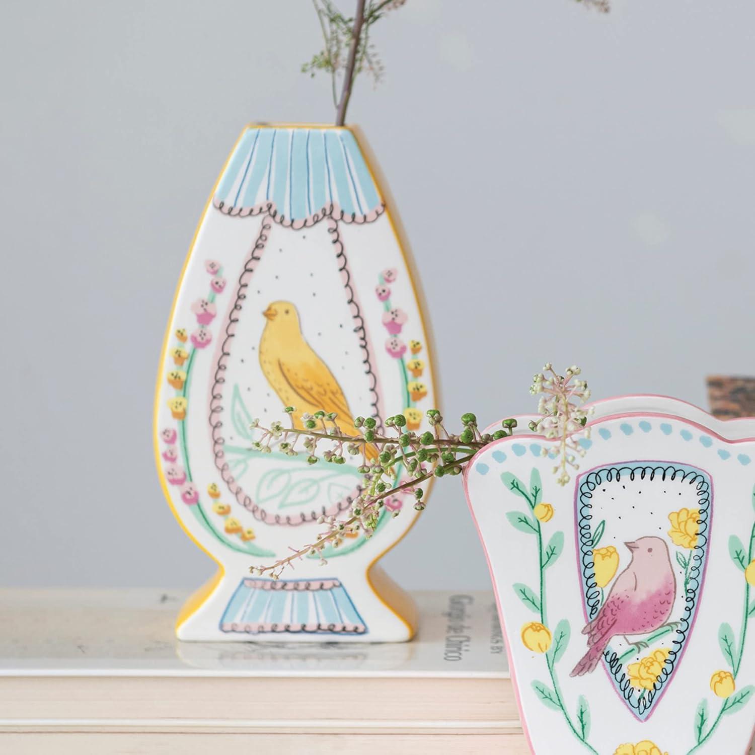 Multicolor Ceramic Vase with Hand-Painted Bird Design