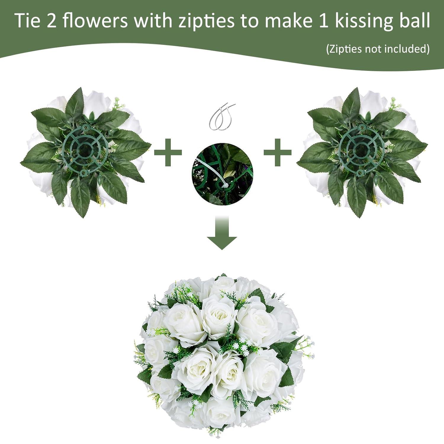Nuptio Set of 10 White Rose Artificial Flower Kissing ball, 15 Heads Fake Peony Silk Flowers Bouquet for Centerpiece Wedding Birthday Party Home Table Decor