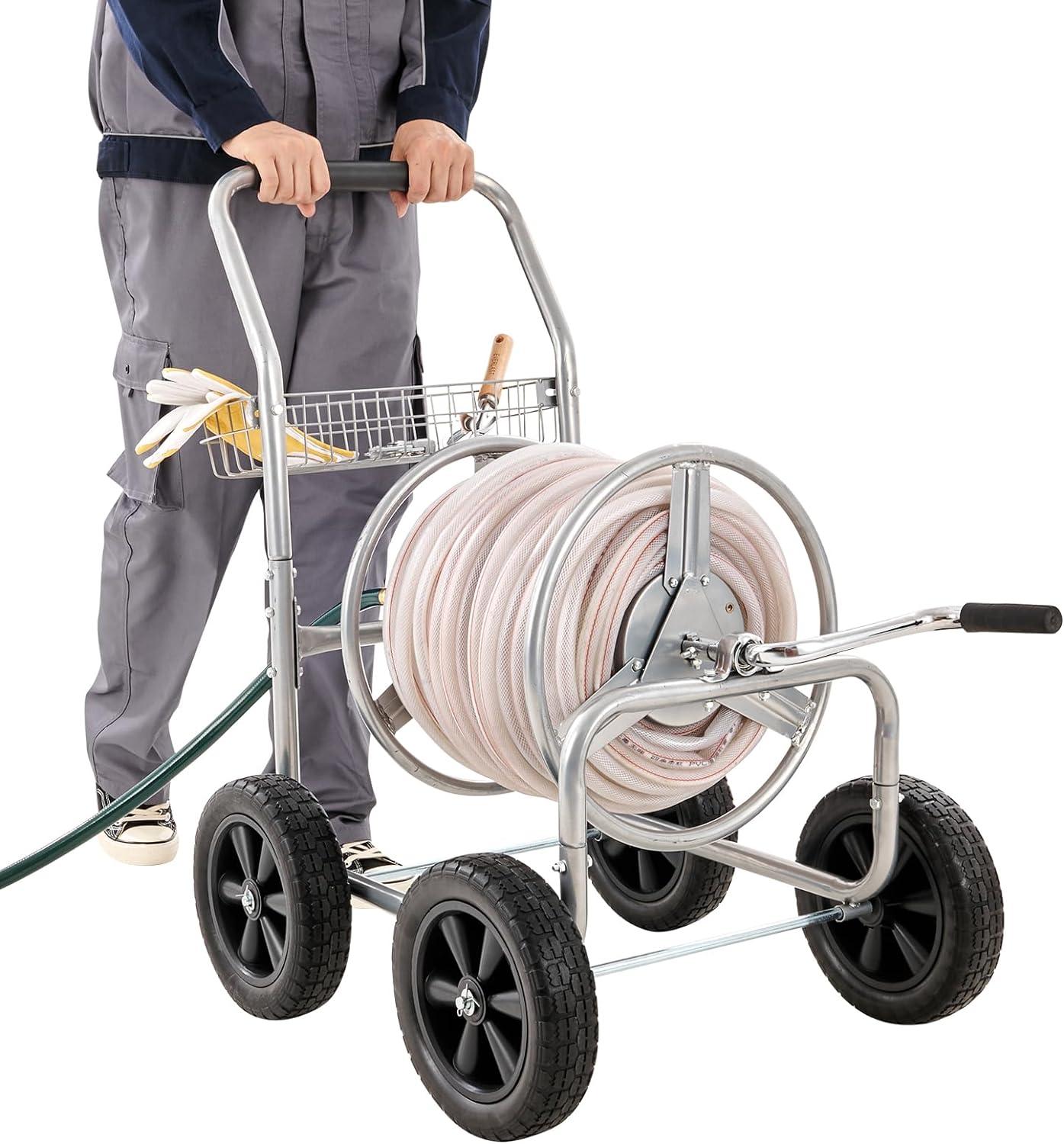 Heavy Duty Silver Steel Garden Hose Reel Cart with Storage Basket