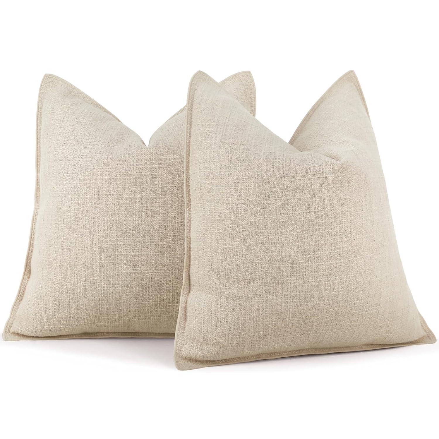MADIZZ Set of 2 Linen Throw Pillow Covers with Broad Edge Soft Boho Decorative Pillow Cases for Sofa Bedroom Modern Pillow Shell 18x18 Inch Beige