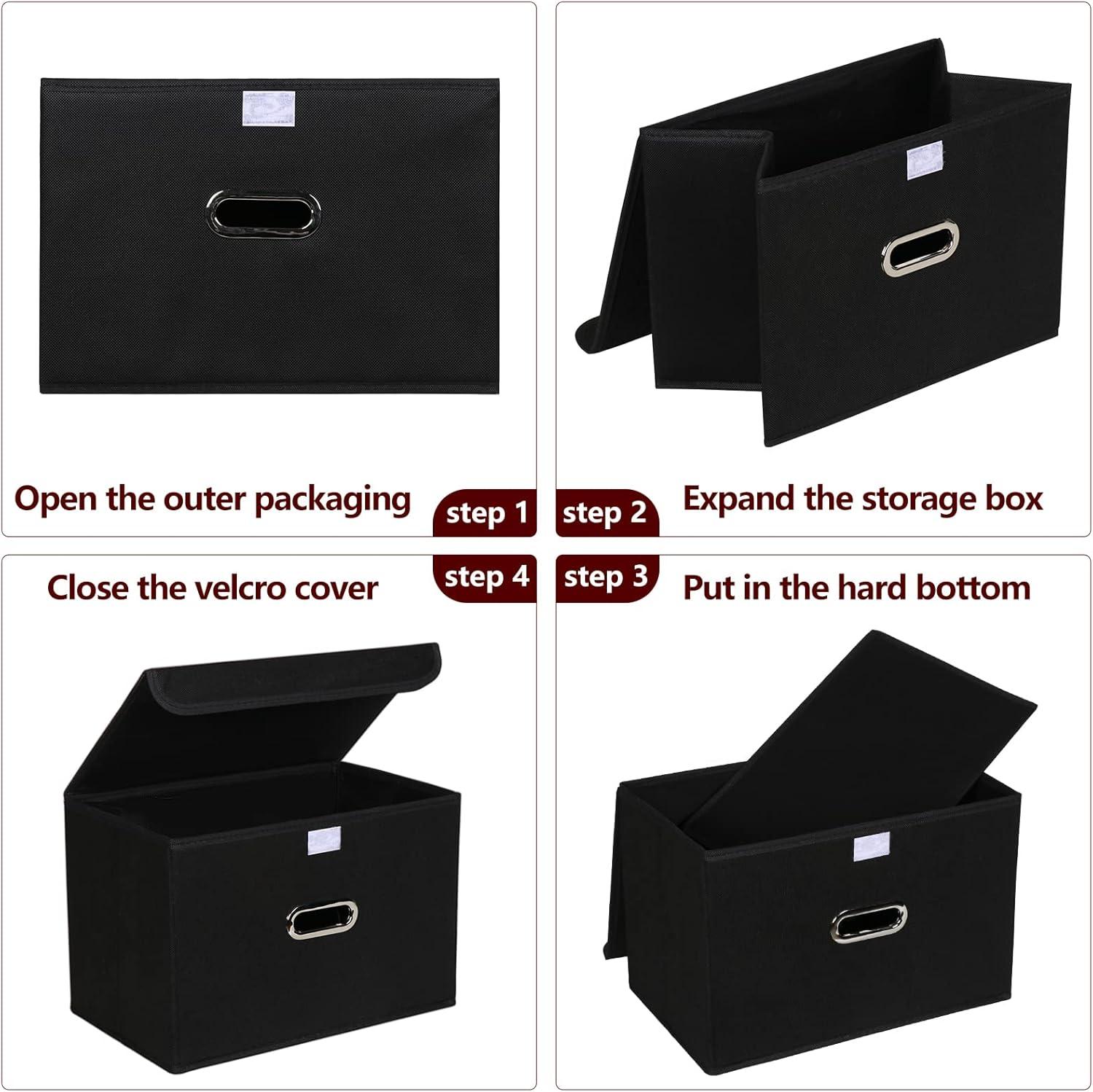 Fabric Storage Cube Bins Foldable Organizer Container Collapsible Basket with Lids and Metal Handles, for Home, Bedroom, Closet (Black, 3 Pcs)