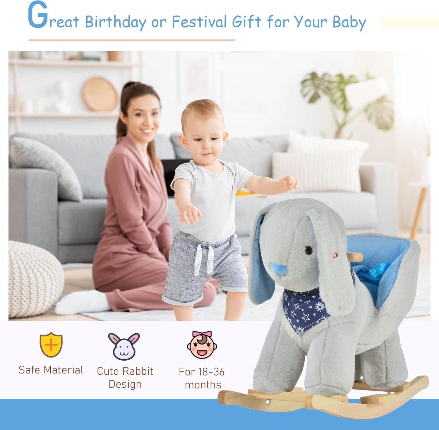 Qaba Kids Ride-On Rocking Horse Toy Bunny Rocker with Fun Play Music & Soft Plush Fabric for Children 18-36 Months