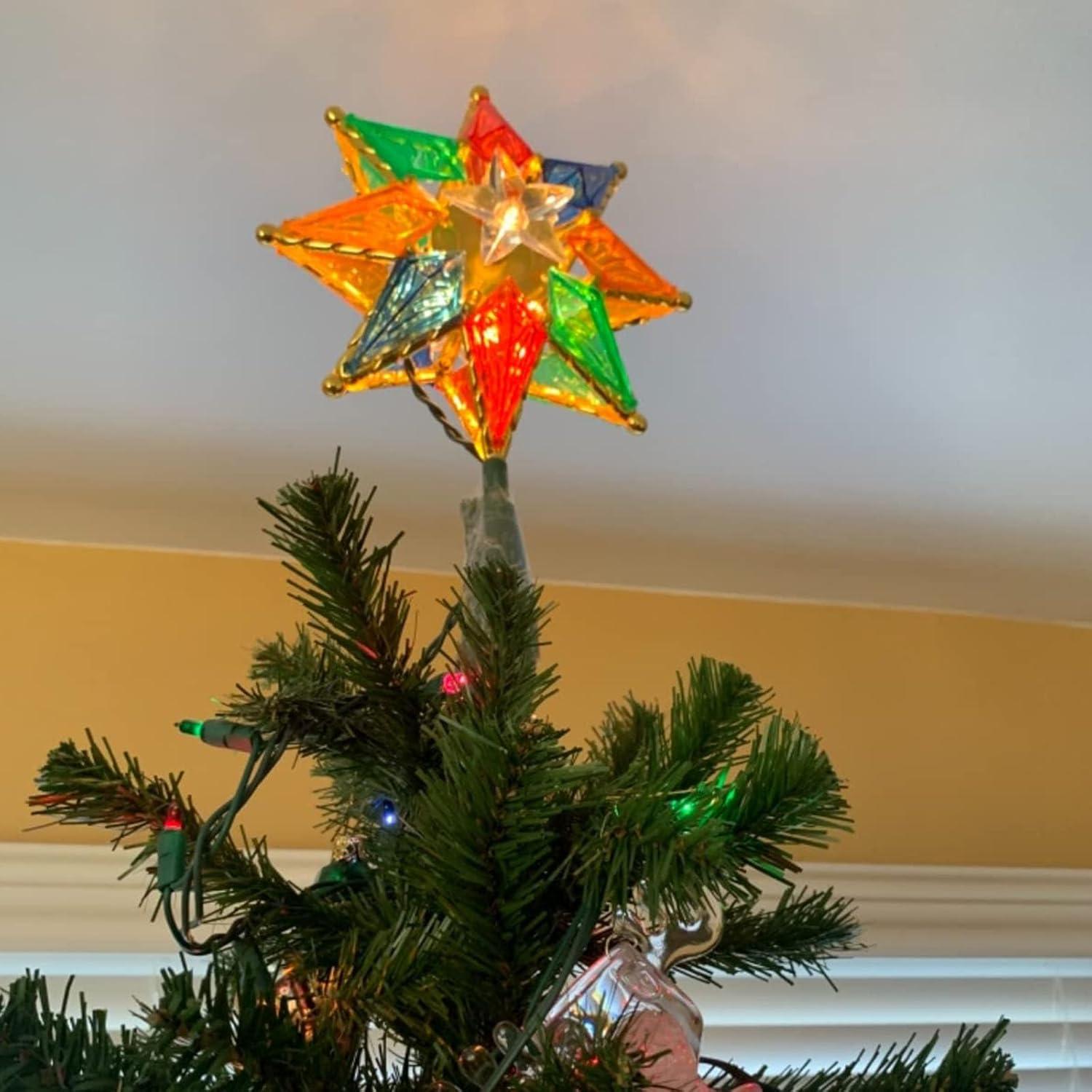 Twinkle Star Lighted Christmas Tree Topper, Colorful 8-Point Star Xmas Star Treetop with 10 Incandescent Lights, Holiday Christmas Tree Decorations