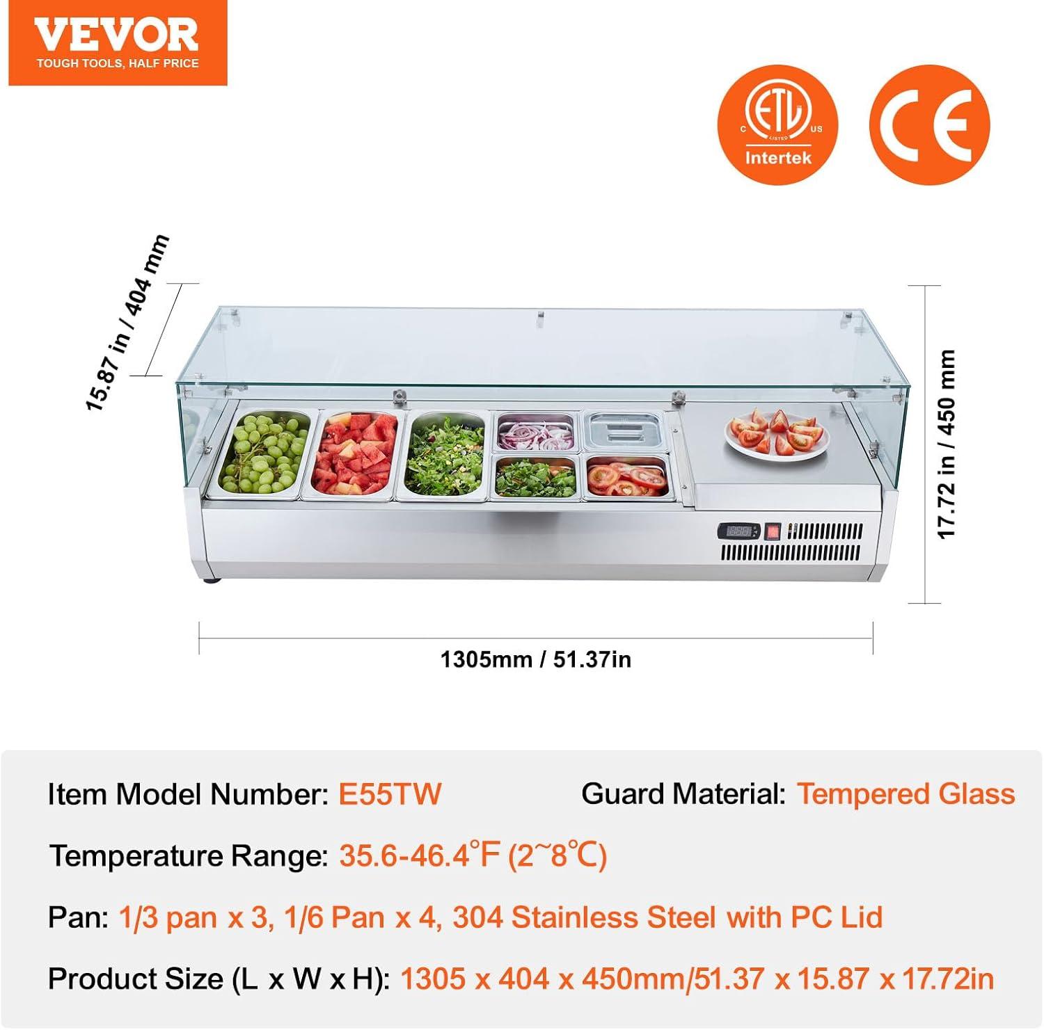 51'' Stainless Steel Refrigerated Condiment Prep Station with Glass Guard