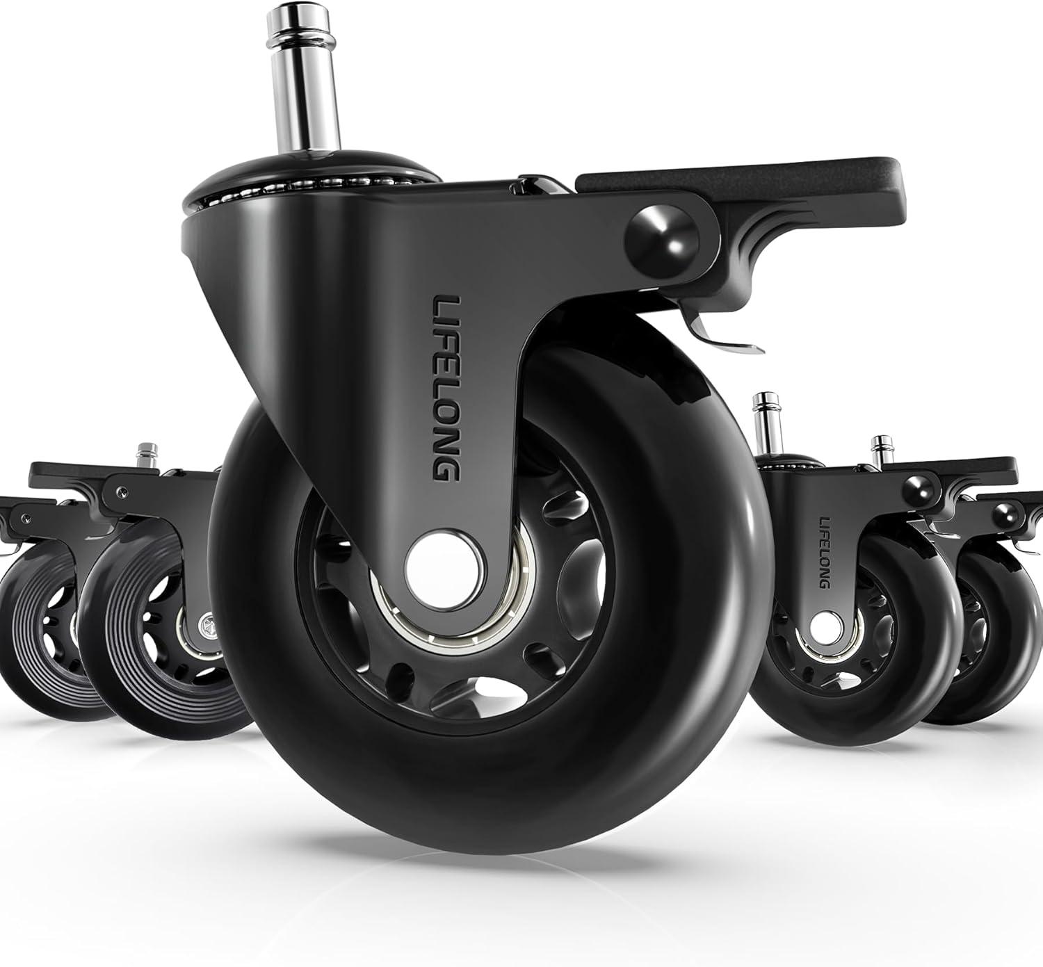 Lifelong Office Chair Caster Wheels for Hardwood Floors and Carpet, Heavy Duty, Universal Fit - Black