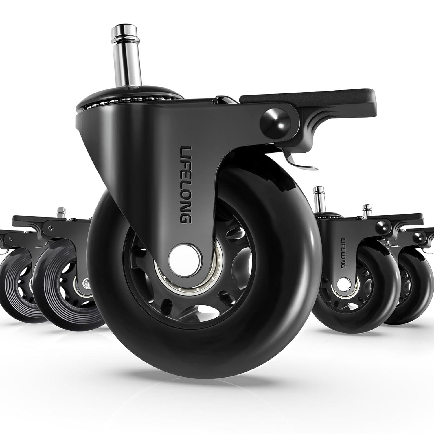 Lifelong Office Chair Caster Wheels for Hardwood Floors and Carpet, Heavy Duty, Universal Fit - Black