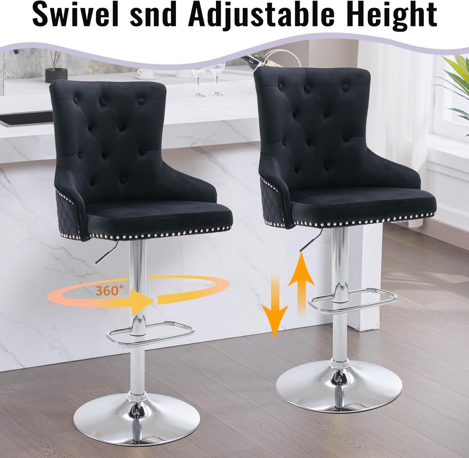 Swivel Velvet Bar Stools Set of 2,Counter Height Bar Chairs with Button Decor, Nailhead Trim and High Back,Modern Upholstered Bar Stools for Kitchen, Cafe, Pub,Black