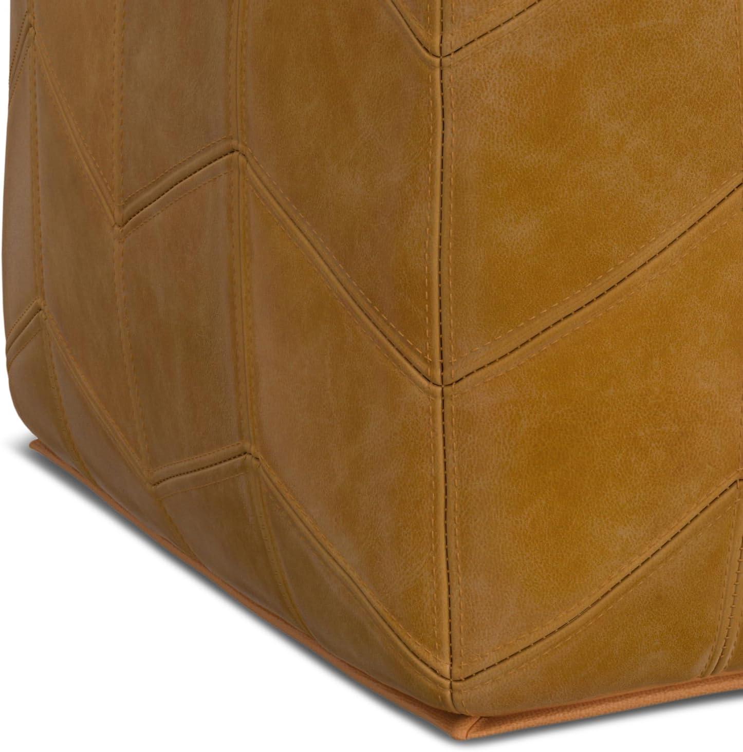 Brown Genuine Leather Chevron Pattern Square Pouf