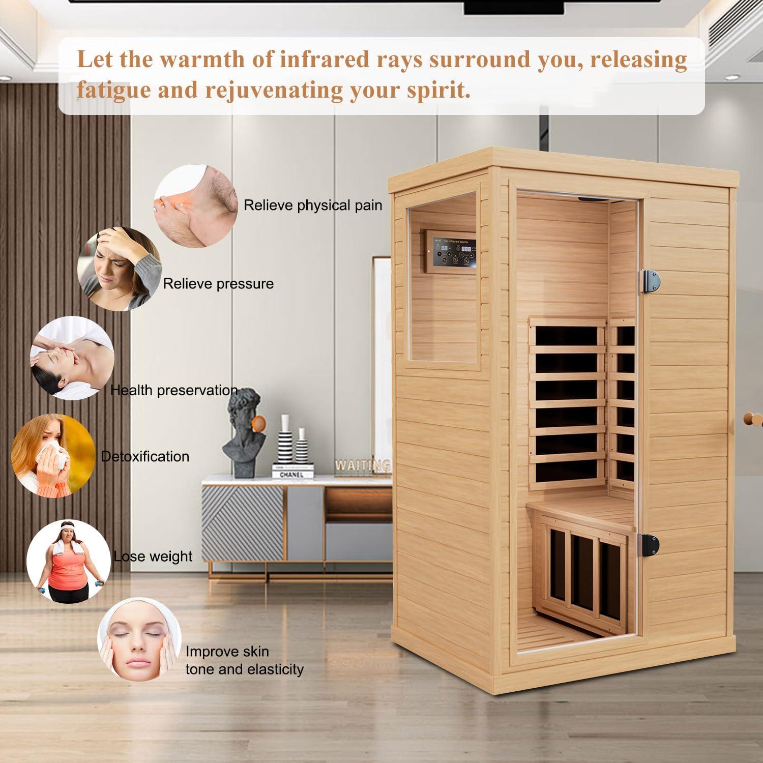 Single-Person Hemlock Wood Infrared Sauna with Carbon Heaters